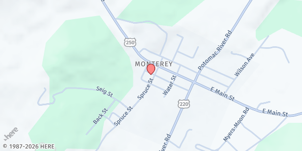 Map showing Beulah/Monterey Presbyterian Churches at 50 Spruce St, Monterey, VA