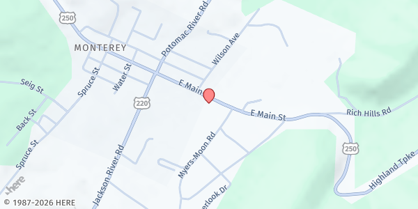 Map showing Highland County Mobile Food Pantry - Monterey Stop at 220 E. Main St, Hwy 220, Monterey, VA