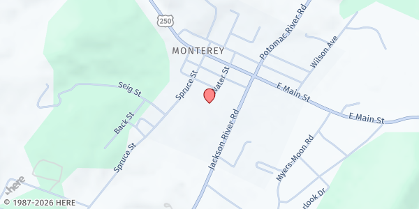 Map showing Word of Faith Church Food Pantry at 93 Water St., Monterey, VA