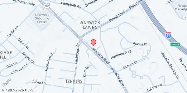 Map showing First Baptist Church Denbigh Outreach Center at 13656 Warwick Boulevard, Outreach Center, Newport News, VA