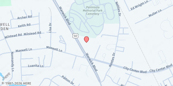 Map showing First Baptist Church of Newport News - Mobile Food Pantry at 12716 Warwick Blvd, Newport News, VA