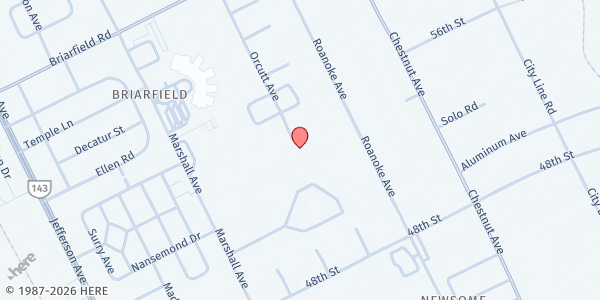 Map showing Gethsemane Baptist Church at 5405 Roanoke Avenue, Newport News, VA
