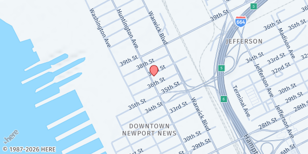 Map showing Greater Works Ministries at 3614 Huntington Avenue, Newport News, VA