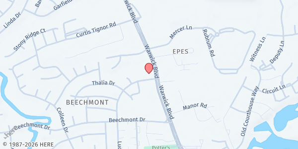 Map showing Living Faith Christian Center at 14901 Warwick Boulevard, Newport News, VA