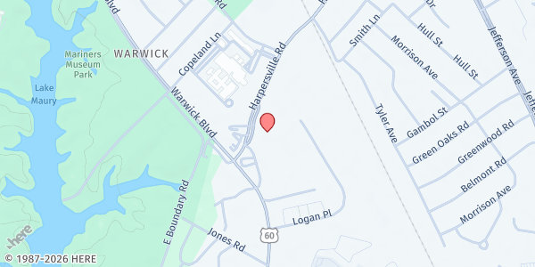 Map showing Peninsula Dream Center (All Generations Church) at 28 Harpersville Road, Newport News, VA