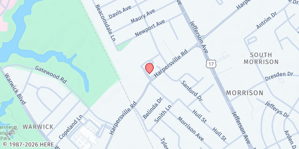 Map showing Temple Baptist Church at 235 Harpersville Road, Newport News, VA