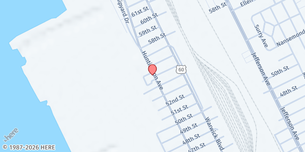 Map showing Triumph Christian Center at 5501 Huntington Avenue, Newport News, VA