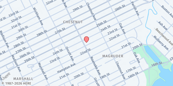 Map showing Wesley Grove United Church of Christ at 2308 Roanoke Avenue, Newport News, VA