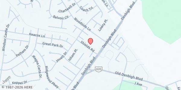 Map showing World Outreach Worship Center at 1233 Shields Rd, Newport News, VA