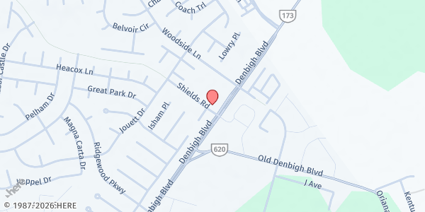 Map showing World Outreach Worship Center at 1233 Shields Rd, Newport News, VA