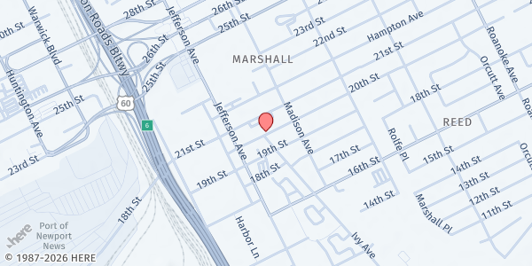 Map showing Zion Baptist Church Newport News at 633 20th Street, Newport News, VA