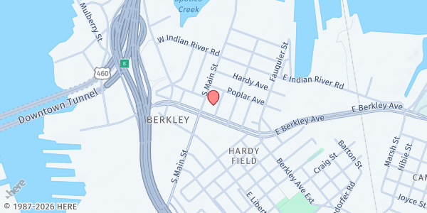 Map showing Antioch Missionary Baptist Church at 525 Dinwiddie St., Norfolk, VA