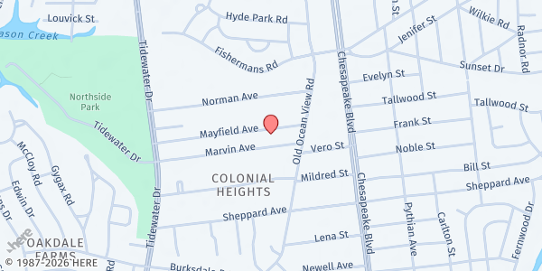 Map showing Colonial Heights Church of Christ at 831 Mayfield Ave, Norfolk, VA