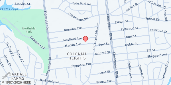 Map showing Colonial Heights Church of Christ at 831 Mayfield Ave, Norfolk, VA