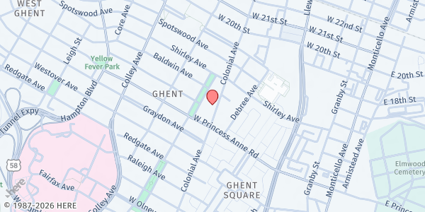 Map showing Ghent Area Ministry at 1301 Colonial Ave, Norfolk, VA