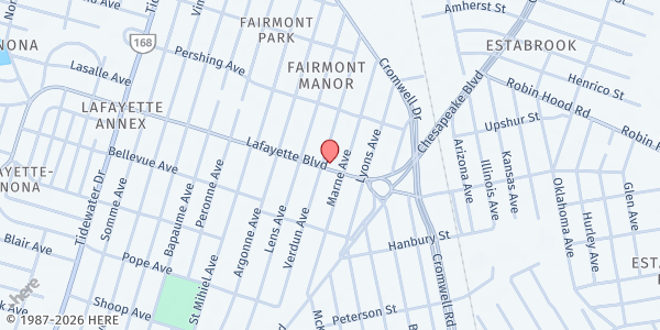 Map showing Grace & Hope Mission at 2804 Lafayette Blvd, Norfolk, VA