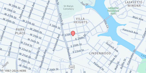 Map showing Herald of His Coming COGIC at 727 E. 27th St., Norfolk, VA