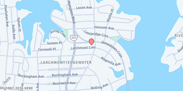 Map showing Larchmont United Methodist Church at 1101 Jamestown Cres., Norfolk, VA