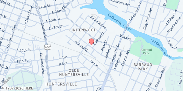 Map showing Mt Olive Baptist Church at 2401 Ludlow St., Norfolk, VA