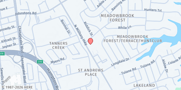 Map showing Norfolk United Methodist Church at 6870 N Military Hwy, Norfolk, VA