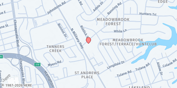 Map showing Norfolk United Methodist Church at 6870 N. Military Hwy., Norfolk, VA