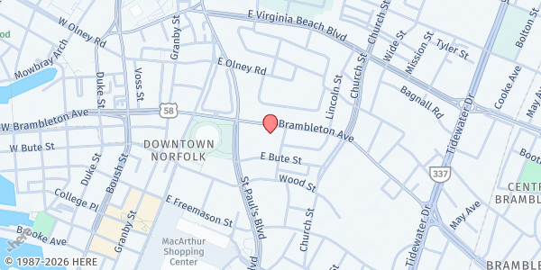 Map showing Queen Street Baptist Church at 413 E Brambleton Ave, Norfolk, VA