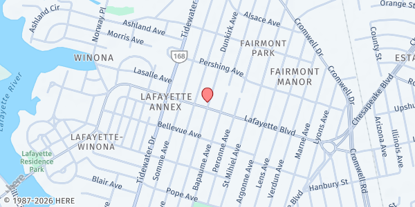 Map showing St. Columbia Ecumenical Ministries at 2114 Lafayette Blvd., Norfolk, VA