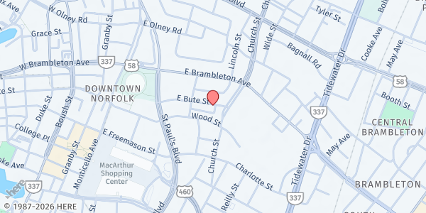 Map showing St. John AME at 545 E Bute St., Norfolk, VA