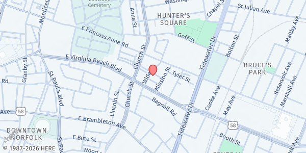 Map showing Village Family Food Pantry - First Calvary Baptist Church at 813 Henry St, Norfolk, VA