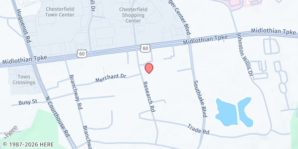 Map showing Celebration Center at 879 Research Road, North Chesterfield, VA