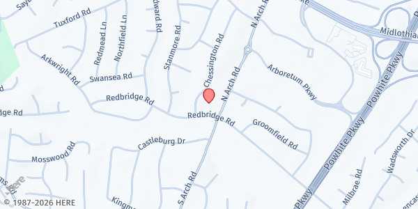 Map showing Redeemer Lutheran Church at 9400 Redbridge Road, North Chesterfield, VA