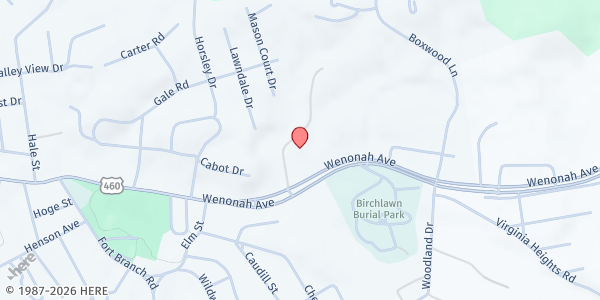 Map showing Angels Rest Fellowship at 1601 Wenonah Ave, Pearisburg, VA