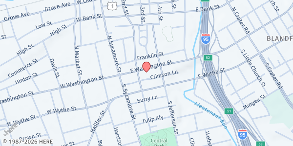 Map showing CARES, Inc. Distribution Site at 118 East Washington Street, Petersburg, VA