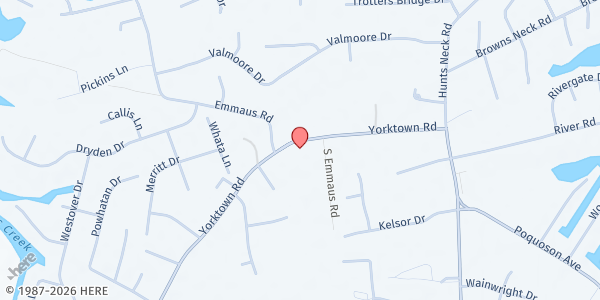 Map showing Emmaus Baptist Church - Poquoson Mobile Food Pantry at 814 Yorktown Rd, Poquoson, VA