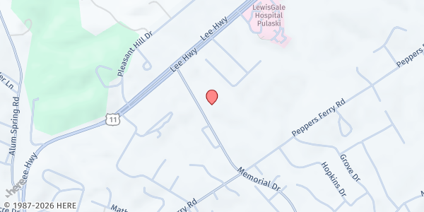 Map showing Pulaski Presbyterian Church in America at 975 Memorial Dr, Pulaski, VA