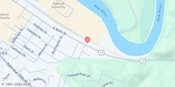 Map showing Beans and Rice - Food Distribution Center at 140 E Main St, Radford, VA