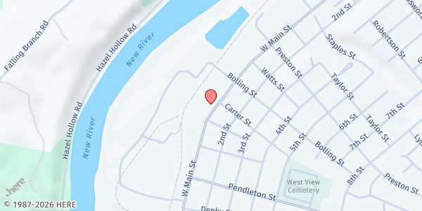 Map showing It's All About Jesus Ministries - Food Distribution Center at 1301 W Main St, Radford, VA