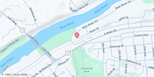 Map showing Radford Clothing Bank at 2000 West St, Radford, VA