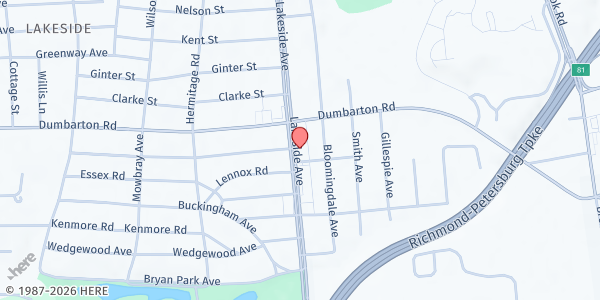 Map showing Down to Earth Ministries at 5405 Lakeside Avenue, Richmond, VA