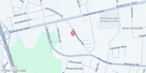 Map showing Hand Up Community Resource Center at 6301 Old Warwick Rd., Richmond, VA