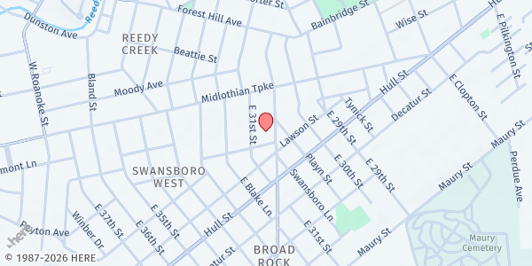 Map showing Love Center of Unity F.G.C. at 30 E. Broad Rock Rd., Richmond, VA