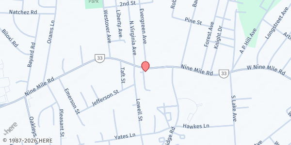 Map showing New Bridge Baptist Church Food Pantry at 5807 Nine Mile Road, Richmond, VA