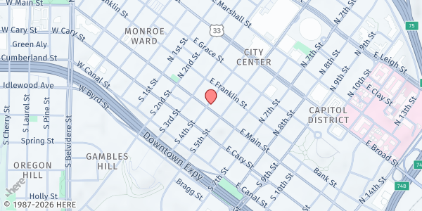 Map showing Our Shepherd's Way Relief Center, Inc. at 400 E. Main St., Richmond, VA