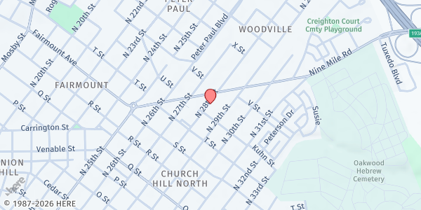 Map showing St. John's United Holy Church at 1507 North 28th Street, Richmond, VA