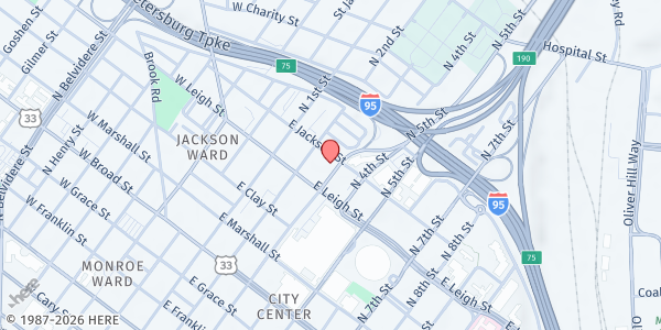Map showing Third Street Bethel AME Church Soup Kitchen at 614 North 3rd Street, Richmond, VA
