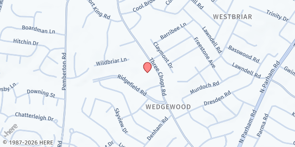 Map showing Three Chopt Presbyterian Church at 9315 Three Chopt Road, Richmond, VA