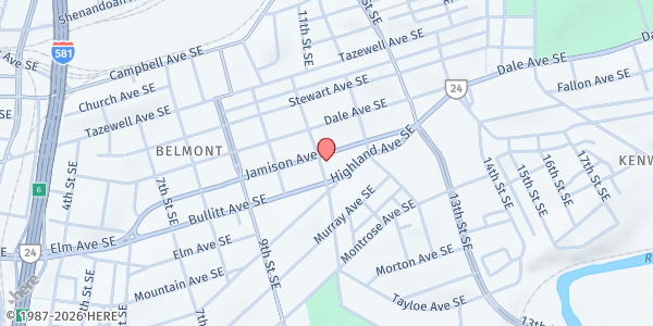 Map showing Blue Ridge Continuum of Care at 1101 Jamison Ave SE, Roanoke, VA