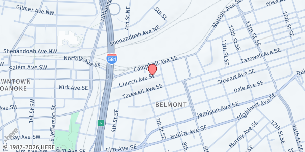 Map showing Christian Soldiers Food Pantry at 728-A Church Ave., Roanoke, VA