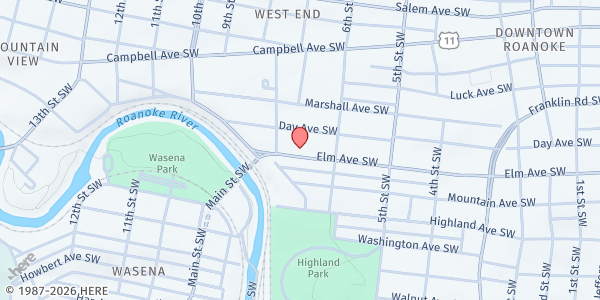 Map showing Friendship House Roanoke Inc. at 635 Elm Ave, Roanoke, VA