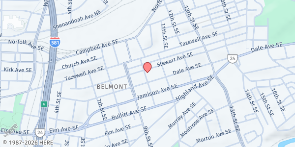 Map showing Harvest Baptist Church at 1001 Stewart Ave SE, Roanoke, VA